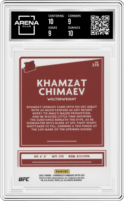 Khamzat Chimaev from the 2021 Panini Chronicles UFC MMA set graded by Arena Club and given an overall grade of 9.5.