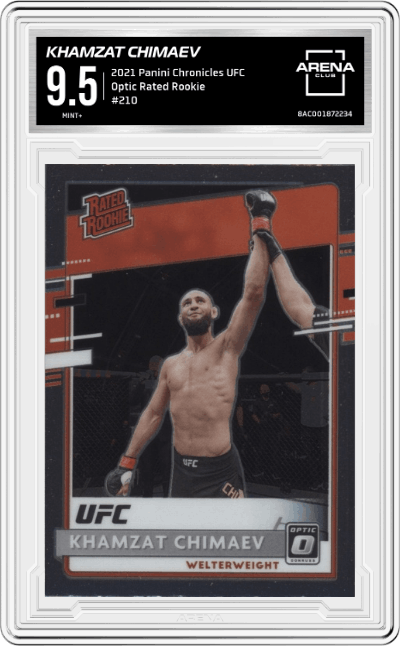 Khamzat Chimaev from the 2021 Panini Chronicles UFC MMA set graded by Arena Club and given an overall grade of 9.5.
