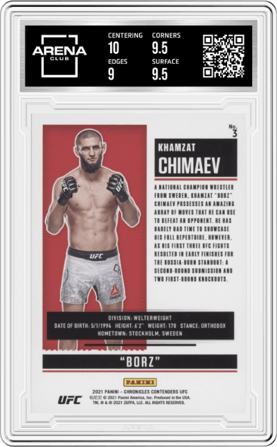 Khamzat Chimaev from the 2021 Panini Chronicles UFC MMA set graded by Arena Club and given an overall grade of 9.5.