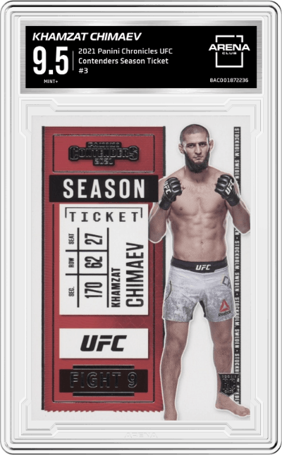 Khamzat Chimaev from the 2021 Panini Chronicles UFC MMA set graded by Arena Club and given an overall grade of 9.5.