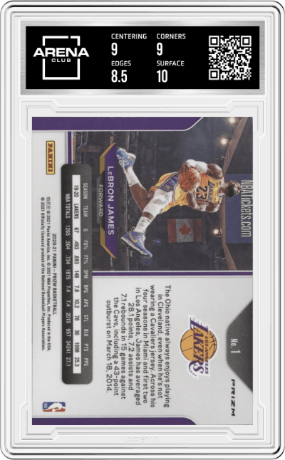 LeBron James from the 2020-21 Panini Prizm set featuring a Ruby Wave Prizm parallel graded by Arena Club and given an overall grade of 9.