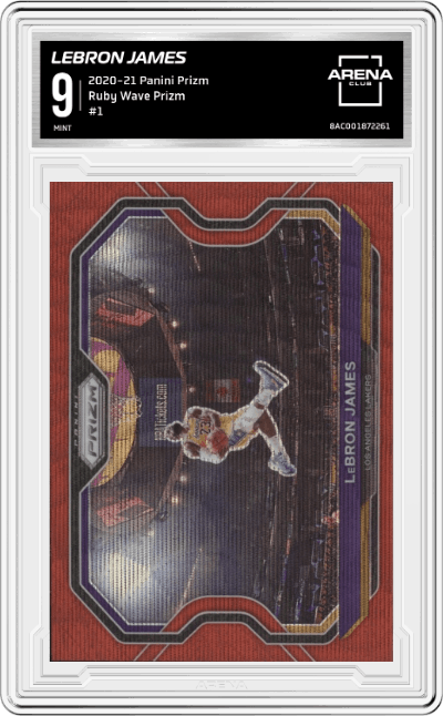 LeBron James from the 2020-21 Panini Prizm set featuring a Ruby Wave Prizm parallel graded by Arena Club and given an overall grade of 9.