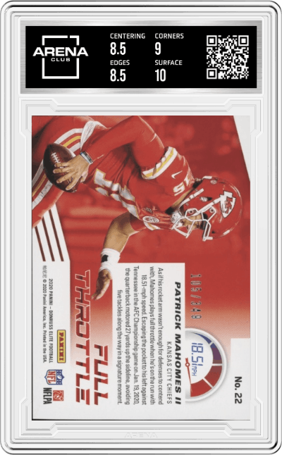 Patrick Mahomes II from the 2020 Panini Donruss Elite set graded by Arena Club and given an overall grade of 9.