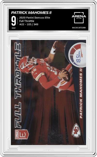 Patrick Mahomes II from the 2020 Panini Donruss Elite set graded by Arena Club and given an overall grade of 9.