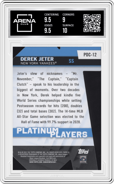 Derek Jeter from the 2021 Topps  set graded by Arena Club and given an overall grade of 9.5.
