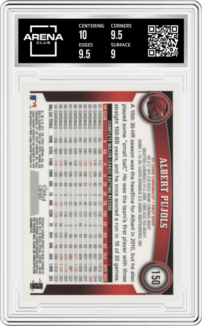 Albert Pujols from the 2011 Topps Chrome Baseball set graded by Arena Club and given an overall grade of 9.5.
