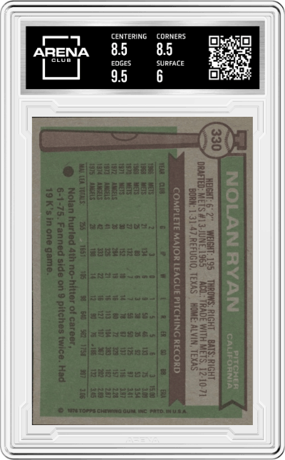 Nolan Ryan from the 1976 Topps set graded by Arena Club and given an overall grade of 6.5.