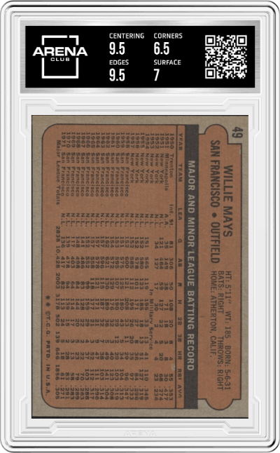 Willie Mays from the 1972 Topps set graded by Arena Club and given an overall grade of 7.