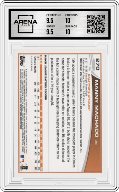 Manny Machado from the 2013 Topps set graded by Arena Club and given an overall grade of 10.