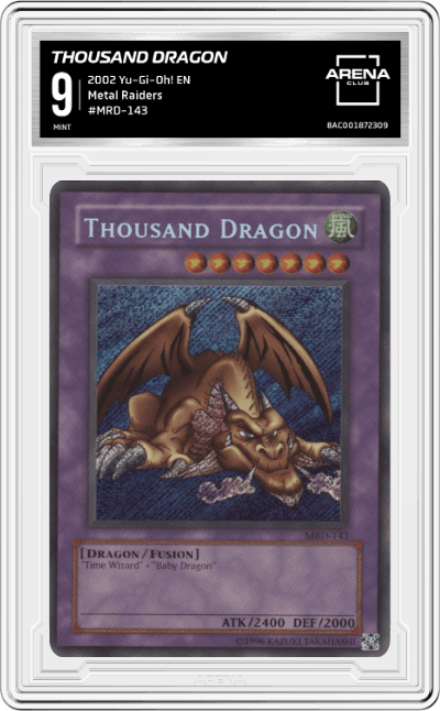 Thousand Dragon from the 2002 Yu-Gi-Oh! EN set graded by Arena Club and given an overall grade of 9.
