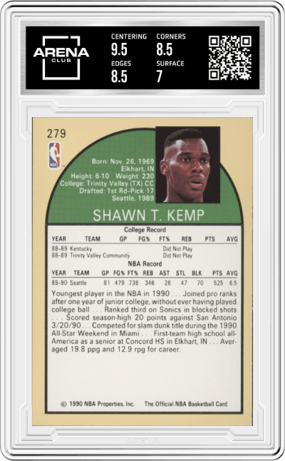 Shawn Kemp from the 1990-91 NBA Hoops set graded by Arena Club and given an overall grade of 7.5.