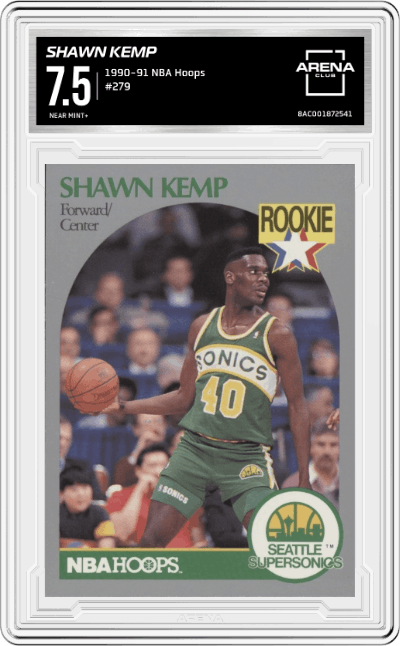 Shawn Kemp from the 1990-91 NBA Hoops set graded by Arena Club and given an overall grade of 7.5.