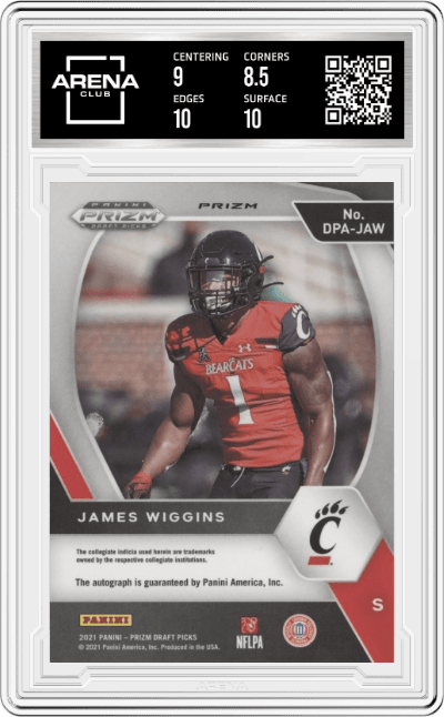 James Wiggins from the 2021 Panini Prizm Draft Picks set featuring a Circles Prizm parallel graded by Arena Club and given an overall grade of 9.