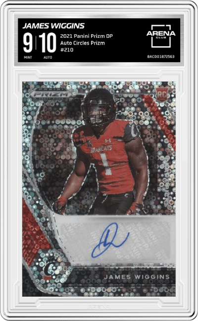James Wiggins from the 2021 Panini Prizm Draft Picks set featuring a Circles Prizm parallel graded by Arena Club and given an overall grade of 9.
