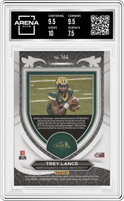 Trey Lance from the 2021 Panini Prizm Draft Picks set graded by Arena Club and given an overall grade of 8.