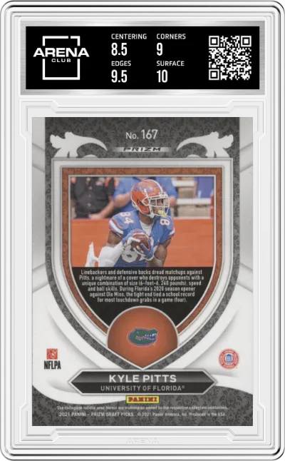 Kyle Pitts from the 2021 Panini Prizm Draft Picks set featuring a Green Prizm parallel graded by Arena Club and given an overall grade of 9.