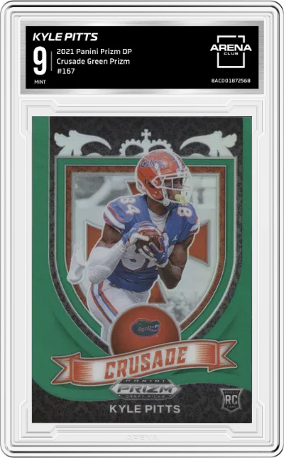 Kyle Pitts from the 2021 Panini Prizm Draft Picks set featuring a Green Prizm parallel graded by Arena Club and given an overall grade of 9.
