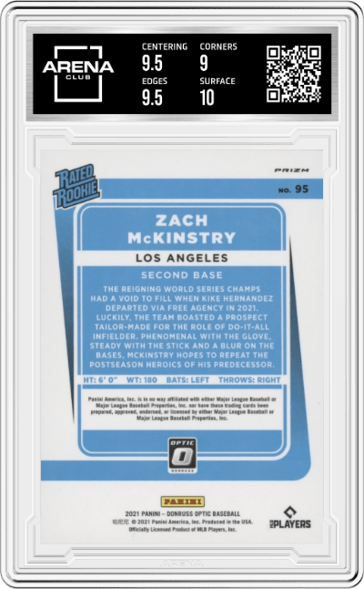 Zach McKinstry from the 2021 Panini Donruss Optic set featuring a Red Wave parallel graded by Arena Club and given an overall grade of 9.5.