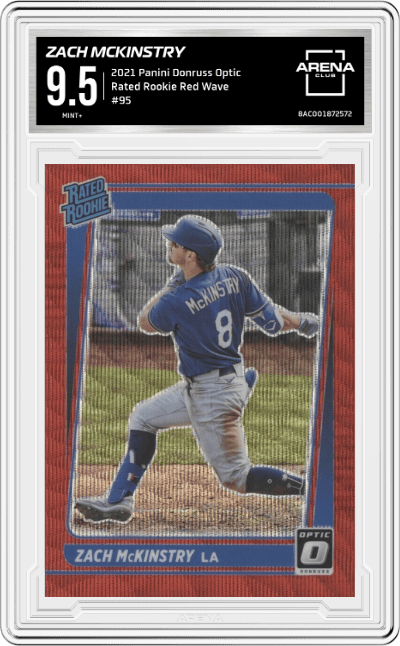 Zach McKinstry from the 2021 Panini Donruss Optic set featuring a Red Wave parallel graded by Arena Club and given an overall grade of 9.5.