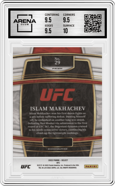 Islam Makhachev from the 2022 Panini Select UFC  set featuring a Zebra Prizm parallel graded by Arena Club and given an overall grade of 10.