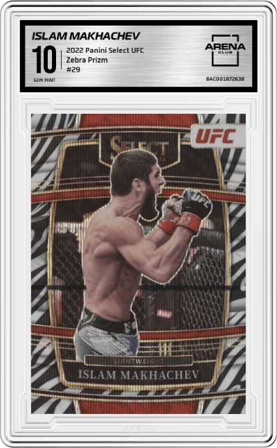 Islam Makhachev from the 2022 Panini Select UFC  set featuring a Zebra Prizm parallel graded by Arena Club and given an overall grade of 10.