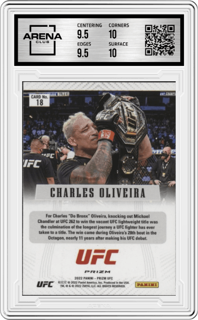 Charles Oliveira from the 2022 Panini Prizm UFC  set featuring a White Sparkle Prizm parallel graded by Arena Club and given an overall grade of 10.