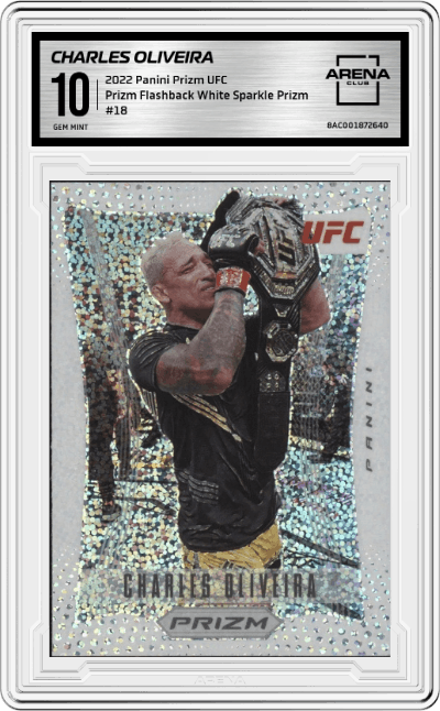 Charles Oliveira from the 2022 Panini Prizm UFC  set featuring a White Sparkle Prizm parallel graded by Arena Club and given an overall grade of 10.