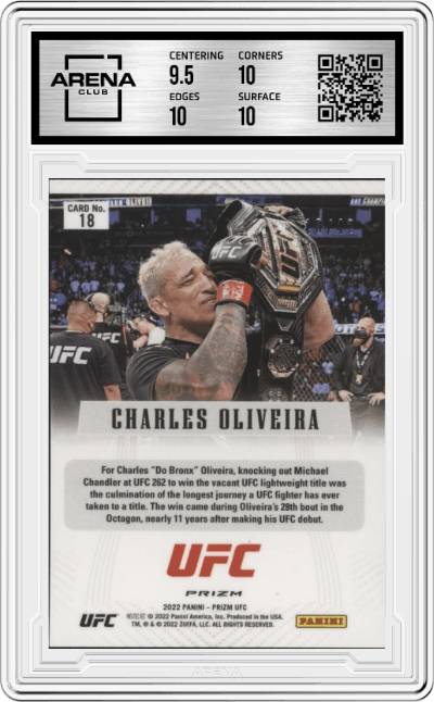 Charles Oliveira from the 2022 Panini Prizm UFC  set featuring a Pink Pulsar Prizm parallel graded by Arena Club and given an overall grade of 10.