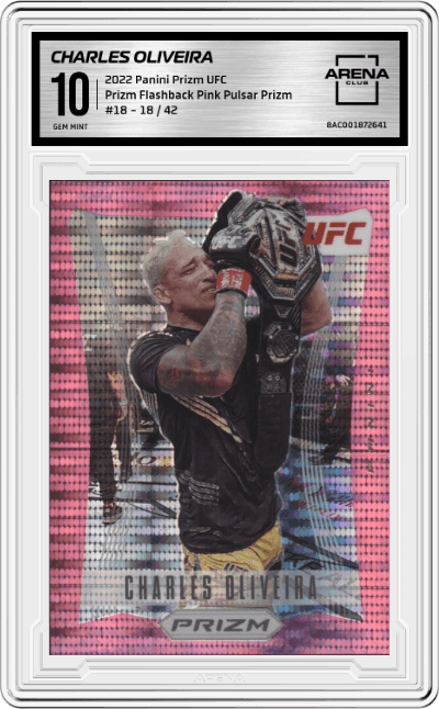 Charles Oliveira from the 2022 Panini Prizm UFC  set featuring a Pink Pulsar Prizm parallel graded by Arena Club and given an overall grade of 10.