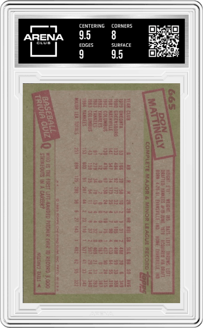 Don Mattingly from the 1985 Topps set graded by Arena Club and given an overall grade of 8.5.
