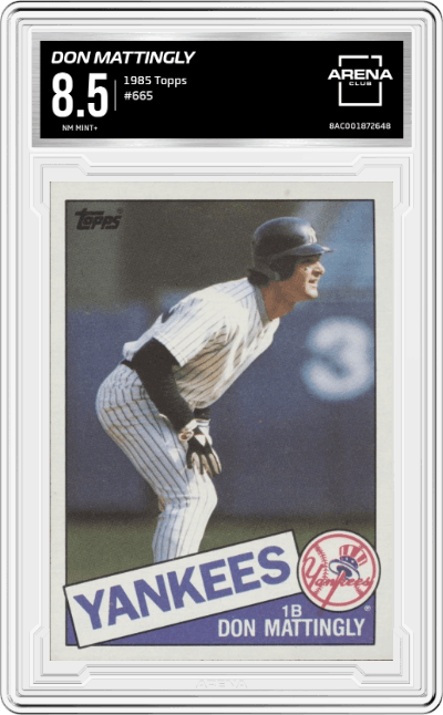 Don Mattingly from the 1985 Topps set graded by Arena Club and given an overall grade of 8.5.