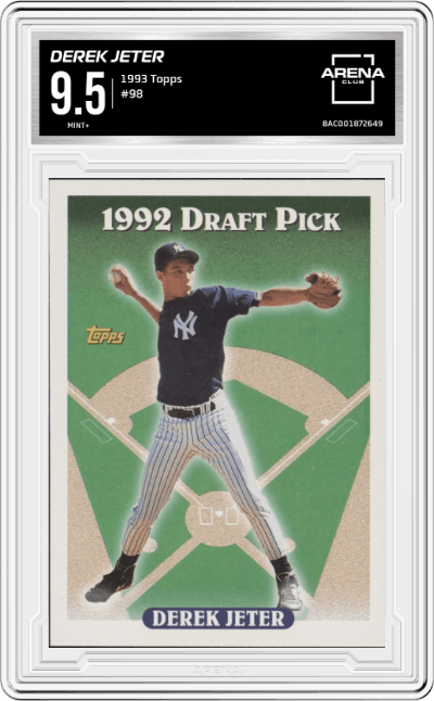 Derek Jeter from the 1993 Topps set graded by Arena Club and given an overall grade of 9.5.