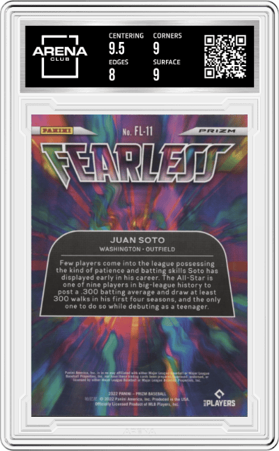 Juan Soto from the 2022 Panini Prizm set graded by Arena Club and given an overall grade of 8.5.