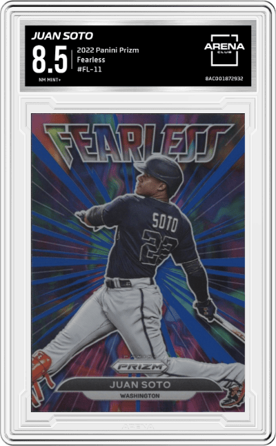 Juan Soto from the 2022 Panini Prizm set graded by Arena Club and given an overall grade of 8.5.