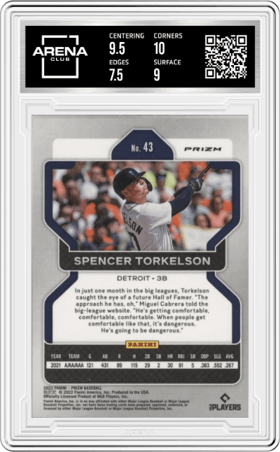 Spencer Torkelson from the 2022 Panini Prizm set featuring a Tiger Stripes parallel graded by Arena Club and given an overall grade of 8.