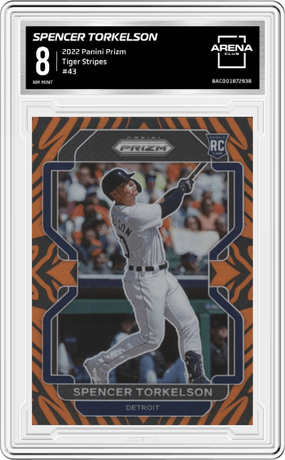 Spencer Torkelson from the 2022 Panini Prizm set featuring a Tiger Stripes parallel graded by Arena Club and given an overall grade of 8.