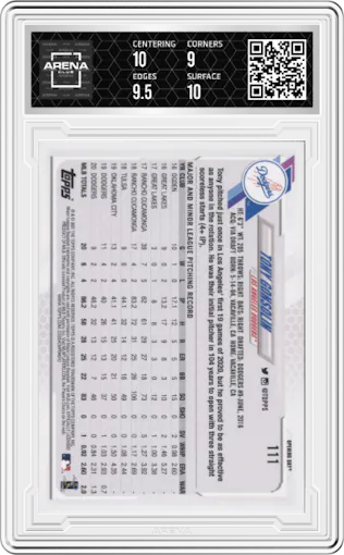 Tony Gonsolin from the 2021 Topps Opening Day set graded by Arena Club and given an overall grade of 9.5.