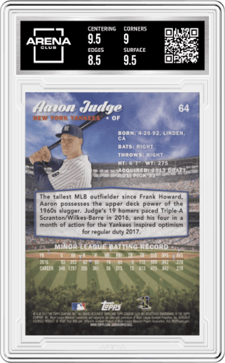 Aaron Judge from the 2017 Topps Stadium Club set graded by Arena Club and given an overall grade of 9.