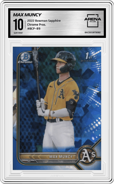 Max Muncy from the 2022 Bowman Sapphire set graded by Arena Club and given an overall grade of 10.