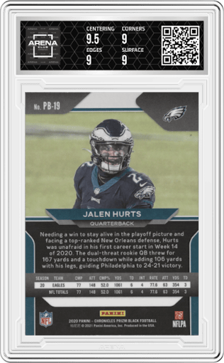 Jalen Hurts from the 2020 Panini Chronicles set graded by Arena Club and given an overall grade of 9.