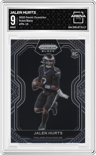 Jalen Hurts from the 2020 Panini Chronicles set graded by Arena Club and given an overall grade of 9.