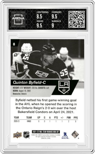 Quinton Byfield from the 2021-22 Upper Deck NHL Star Rookies Box Set set graded by Arena Club and given an overall grade of 9.