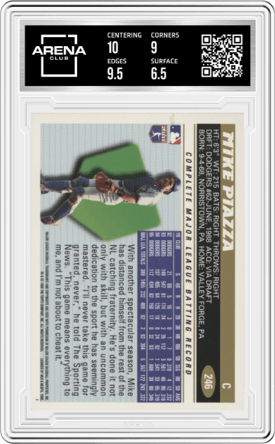 Mike Piazza from the 1996 Topps set graded by Arena Club and given an overall grade of 7.