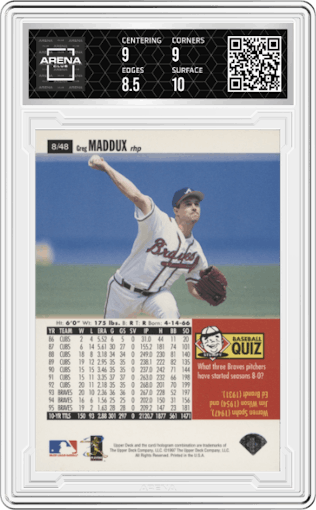 Greg Maddux from the 1996 Upper Deck set graded by Arena Club and given an overall grade of 9.