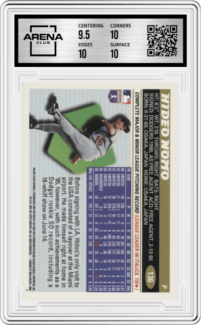Hideo Nomo from the 1996 Topps set graded by Arena Club and given an overall grade of 10.