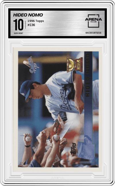 Hideo Nomo from the 1996 Topps set graded by Arena Club and given an overall grade of 10.