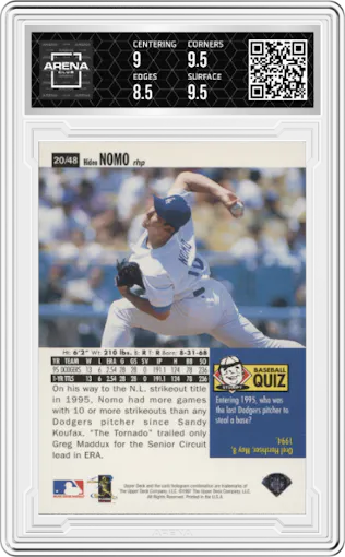 Hideo Nomo from the 1996 Upper Deck set graded by Arena Club and given an overall grade of 9.