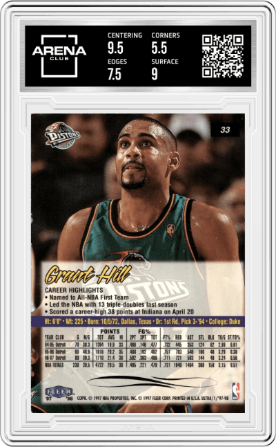 Grant Hill from the 1997-98 Fleer Ultra set graded by Arena Club and given an overall grade of 6.