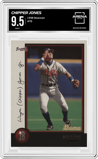 Chipper Jones from the 1998 Bowman set graded by Arena Club and given an overall grade of 9.5.