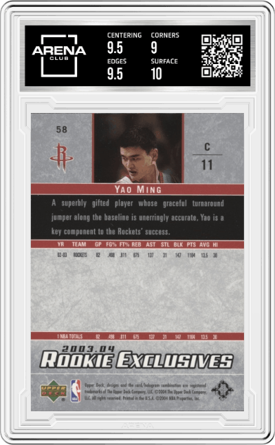 Yao Ming from the 2003-04 Upper Deck set graded by Arena Club and given an overall grade of 9.5.